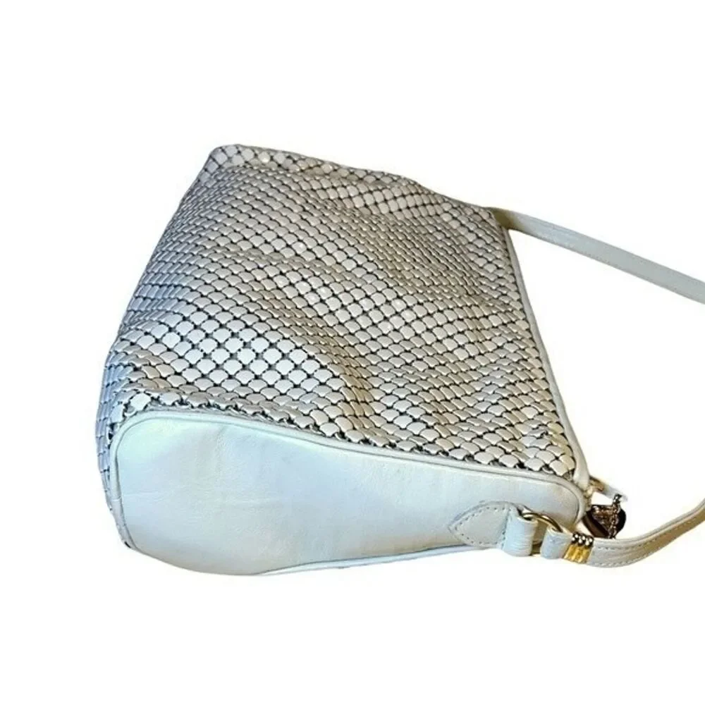 Whiting & Davis Vintage Cream Metal Mesh & Leather Handbag Purse Evening Bag